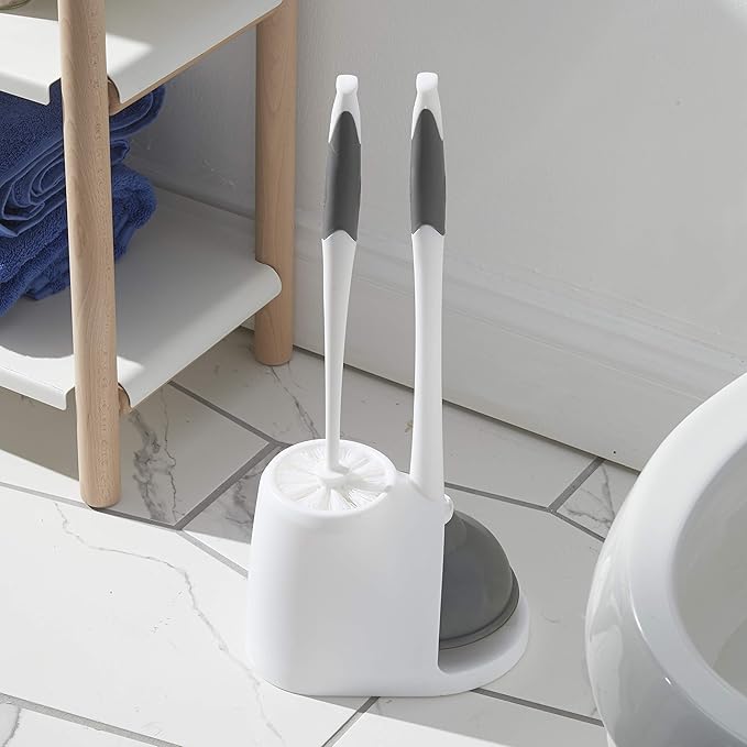 Clorox Toilet Plunger and Brush Bowl Set with Holder Caddy Storage for Cleaning Bathroom and Unclogging Toilets, White and Gray