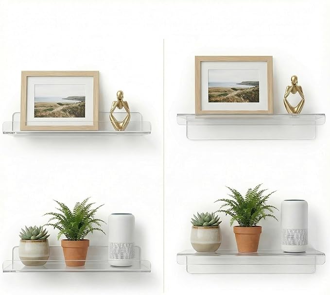 Acrylic Floating Shelves, Adhesive Wall Mount Command Shelves for Bathroom, Kitchen, Dorm - Renter-Friendly Easy Install Wall Shelves for Home Decor and Organization (Fully Clear-4 Pack)