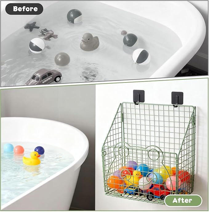 Greentainer Bath Toy Storage Organizer, Large Rustproof Metal Wire Basket, Foldable Wall Mounted Hanging Bathtub Toy Holder with Drainage, No Drilling Adhesive Shower Caddy for Bathroom Tub