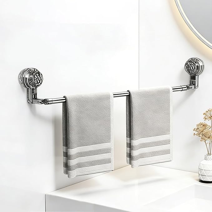 Adjustable Suction Cup Towel Rack, 11.8-23.6 Inch Extendable Towel Bar for Bathroom, Rustproof Telescopic Towel Hanger Wall Mounted Without Drilling, Strong Hold Shower Towel Storage