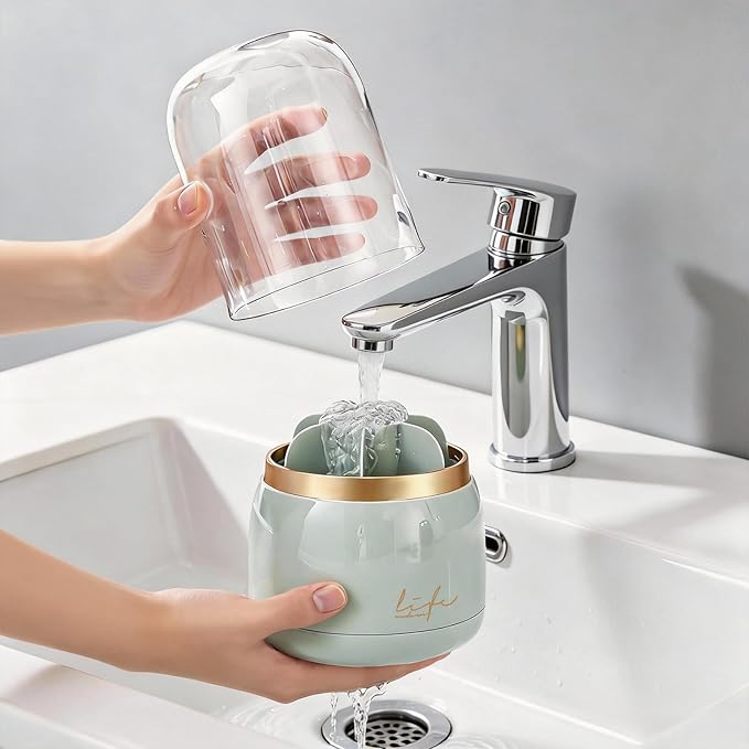 360º Rotating Toothbrush Holder with Cover, Dustproof Waterproof Cosmetic Organizer, 7-Slot Bathroom Countertop Organizer with Drainage for Makeup Brushes, Electric Toothbrushes, Toothpaste