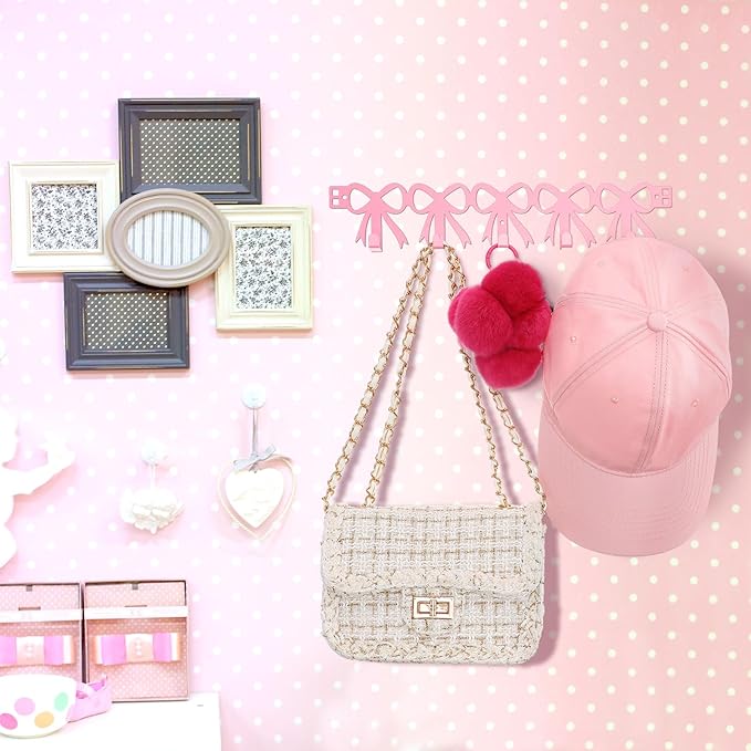 AceOrbit Pink Bow Over The Door Hooks Hanger Wall Mount Towel Hanger Door Holder Organizer 5 Hooks Kawaii Farmhouse Rustic Coquettish Style Decor for Bedroom Bathroom Towel Hat Clothes