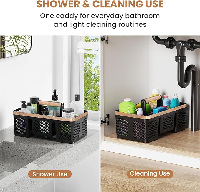 BYUNER Plastic Shower Caddy Dorm: Portable Hard Shower Basket with Handle, 4 Divided Compartments, All-Side Drainage, Bathroom & Cleaning Caddy for College Dorm Room Essentials, Black/wood grain