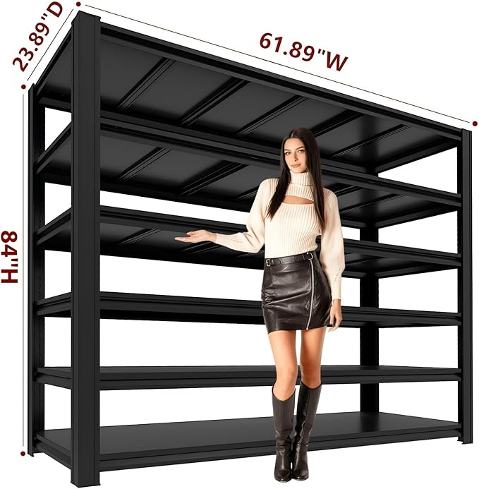 6-Tier Metal Storage Shelves, Adjustable Shelving Units, Boltless Assembly, Black, 61.89 x 23.89 x 84 Inch, for Warehouse Garage Shed Basement (6T-84H*61.89W*23.89D)