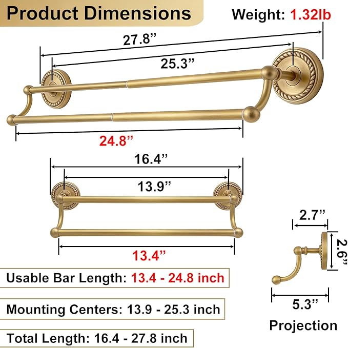 Double Towel Bar, Antique Brass Bathroom Towel Racks Wall Mounted, Adjustable Vintage Gold Towel Bar 13.4-24.8 Inch Usable Bar Length, Heavy Duty Rustproof Brass Towel Rod Holder for Bath