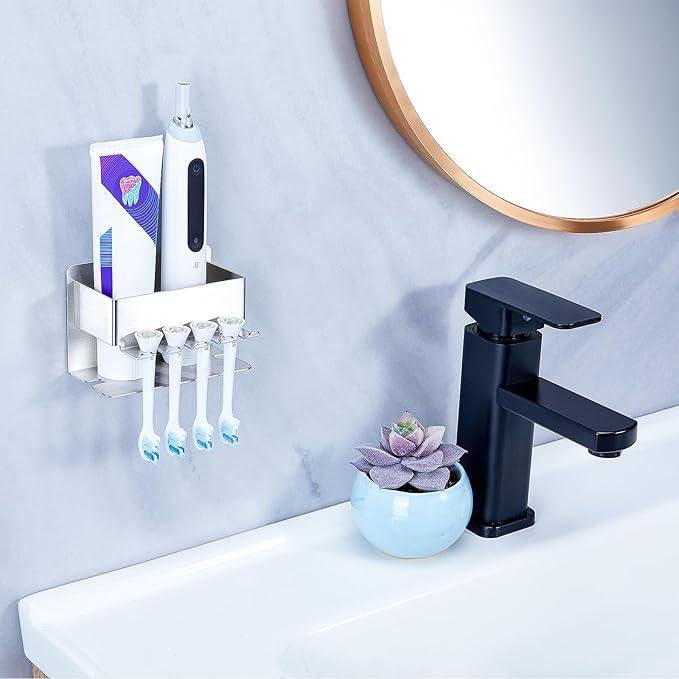 Toothbrush Head Holders, Electric Tooth Brush Head Holder, Adhesive Toothpaste Holder for Shower Bathrooms, Wall Mounted Tooth Brushing Holder Organizer Storage (Silver, Small)