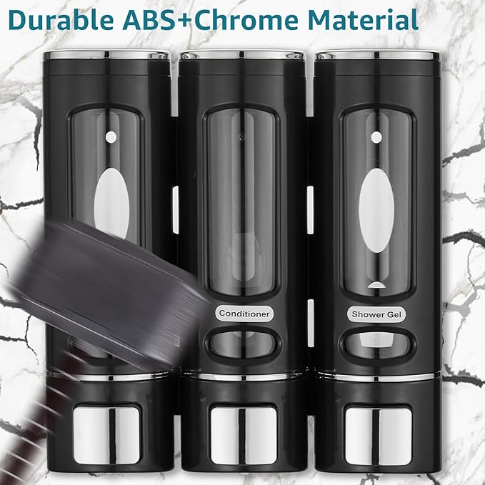 Shampoo and Conditioner Dispenser,Shower Shampoo Dispenser 3 Chamber No Drilled Shampoo Dispenser for Shower Wall Mounted Shower Dispenser Body Wash Dispenser for Bathroom Kitchen Hotel, Black