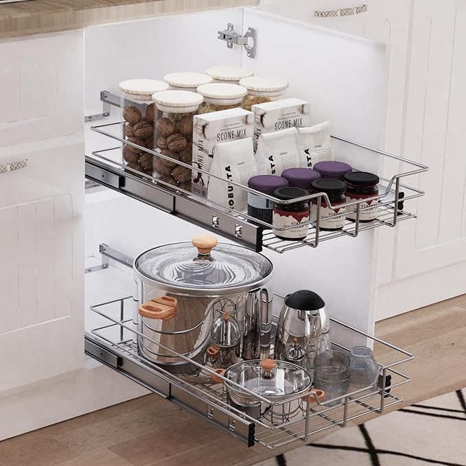 Pull Out Cabinet Organizer 17" W X 17" D, Slide Out Drawers For Kitchen Organizers and Storage, Pull Out Drawers For Cabinets Capacity Heavy Duty Caddy, Cabinet Shelves Chrome-Plated, Bathroom Pantry