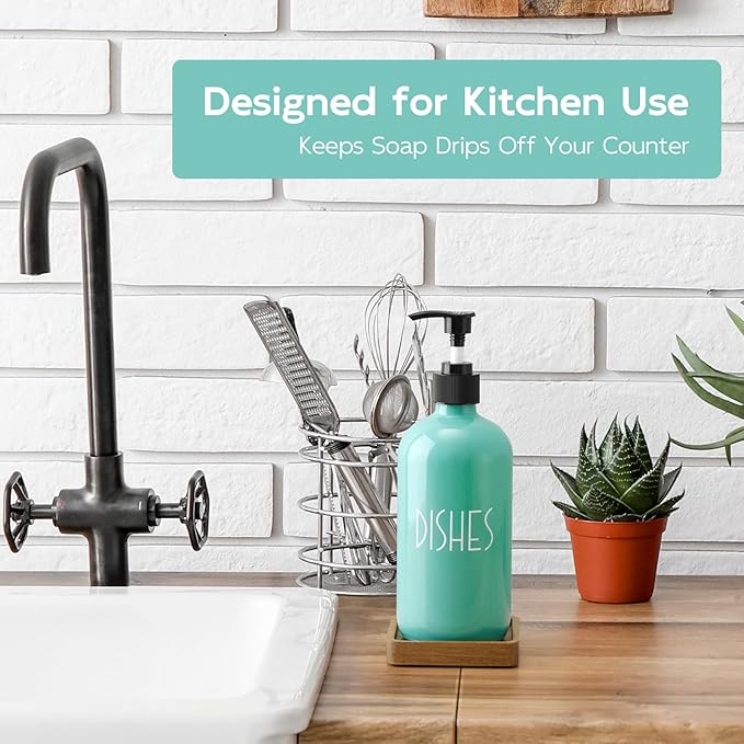 Turquoise Glass Dish Soap Dispenser with Acacia Wood Tray, 16 oz Refillable Kitchen Soap Pump Bottle, Decorative Teal Countertop Soap Dispenser Set for Kitchen, Bathroom, Restaurant