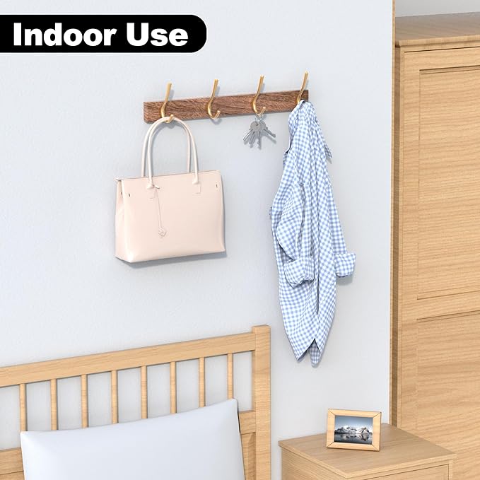 17 Inch Walnut Wood Wall Mounted Coat Rack with 4 Gold Double Hooks, Adhesive Mounted Entryway Hooks, Modern Natural Wooden Pegs for Hanging Coat Clothes Hat Bag Purse Key and Towel