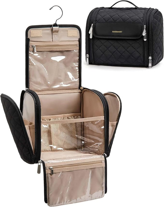 BAGSMART Makeup Bag for Women with Hanging Hook - Portable Cosmetic Case, Large Capacity Door Room Essentials Travel Organizer for Full Sized Cosmetics and Toiletries, Black