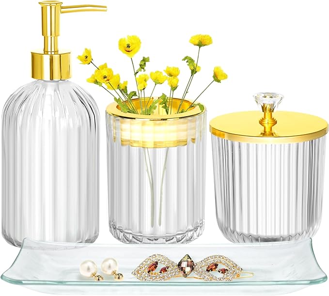 Bathroom Accessories Set, 4Pcs Clear and Gold Glass Bathroom Accessories Sets Complete w/Lotion Soap Dispenser, Toothbrush Holder, Apothecary Jar, Vanity Tray, Bathroom Decor