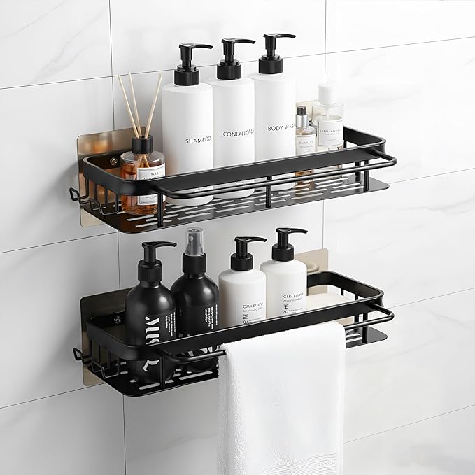 Adhesive Shower Caddy 2 Pack, No Drill Rustproof Space Aluminum Shower Organizer for Bathroom, College Dorm & Apartment, Wall Mounted Shelf with Towel Bar & Hooks for Large Bottles, Black
