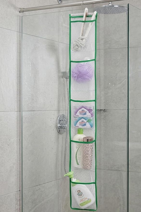 ALYER Narrow Mesh Fabric Shower Caddy Organizer with Hanger,Hanging Mesh Pockets for Shampoo, Conditioner, Soap and Body Wash (Green)