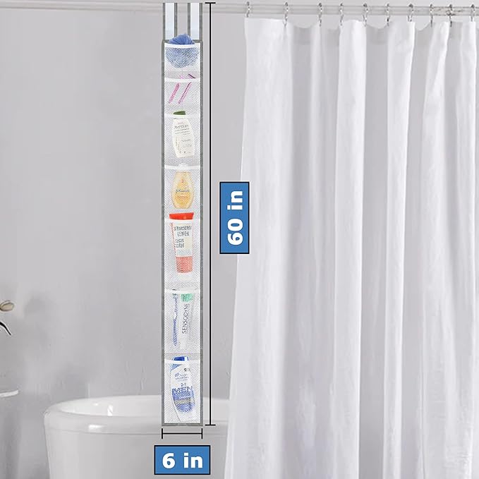Skywin 7 Pockets Hanging Shower Curtain Liner Caddy 60 x 6 Inches - 100% Polyester Mesh Shower Caddy Hanging - Shower Organizer for Shower Rod or Door - Quick Dry Fabric with Adjustable Velcro Strap