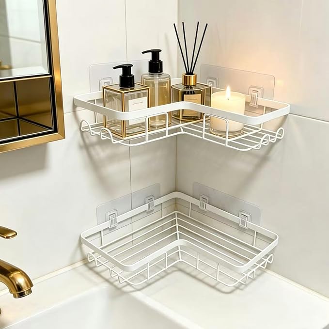 Shower Caddy 2 Pack, No Drilling Adhesive Bathroom Organizer Shelf Rack, Corner Shower Shelf with Hooks for Home Decor & Storage (White)