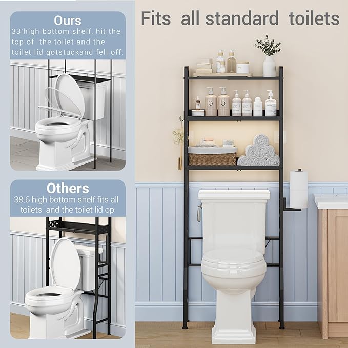 Over the Toilet Storage Shelf 3-Tier Adjustable Bathroom Organizers and Storage Shelves Bathroom Rack Above Toilet Storage with Paper Holder and 4 Hooks Space Saver Storage for Laundry