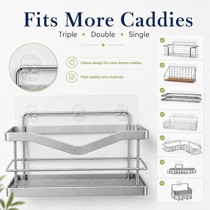 Strong Adhesive Shower Caddy Replacement, 6 Pack No Drill Adhesive Hooks for Bathroom & Kitchen Rack, Holds 40lbs, Waterproof & Transparent Strips for Tile, Glass, Smooth Walls