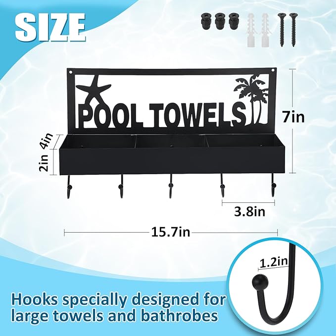 Pool Towel Rack - 2-in-1 Outdoor Poolside Beach Washcloth Drying Rack Holder, Wall Mounted Metal Hooks Decor for Bath Towel Storage, Robe Swimsuit, Coat, Bags, Phone, Keys - Black