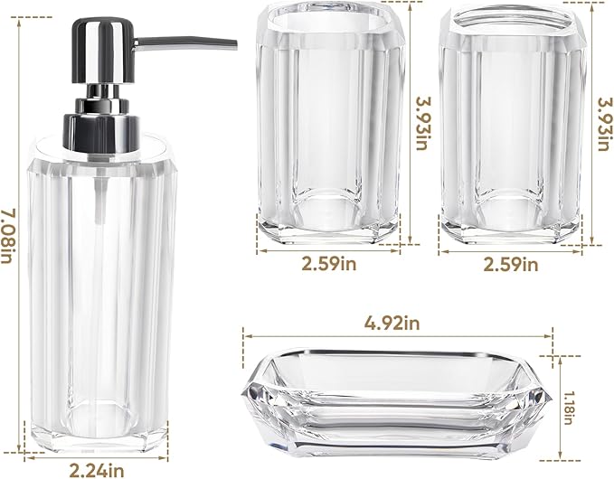 4-Piece Bathroom Accessories Set - Crystal Clear Acrylic, Glass-Like Clarity - Soap Dispenser, Soap Dish, Mouthwash Cup & Toothbrush Holder - Countertop Organizer, Matches Any Decor