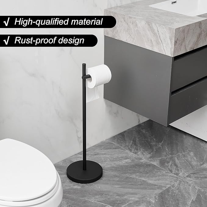 BWE Black Toilet Paper Holder Free Standing Toilet Paper Holder for Bathroom Toilet Paper Storage Holder Stand with Non-Slip Stable Base Modern Stainless Steel Toilet Tissue