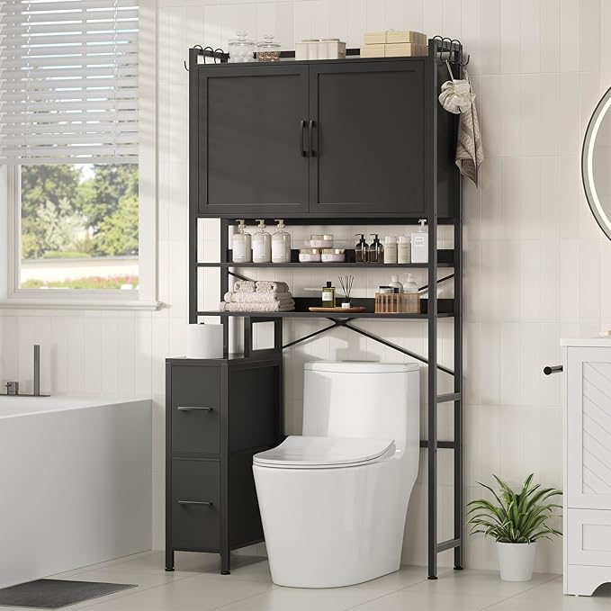 Over the Toilet Storage Cabinet with Doors, 2 Large Drawers & 6 Hooks, Over the Toilet Organizer with Toilet Paper Holder, Over the Toilet Storage for Bathroom, Laundry Room, Black