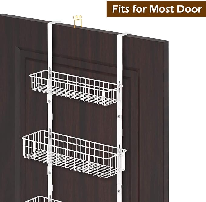 OYEAL Over The Door Basket Organizer 3 Tier Hanging Kitchen Storage Rack Heavy Duty Pantry Organizer with 3 Basket and 5 Hooks Door Back Metal Wire Basket for Kitchen, Bathroom, Office, White