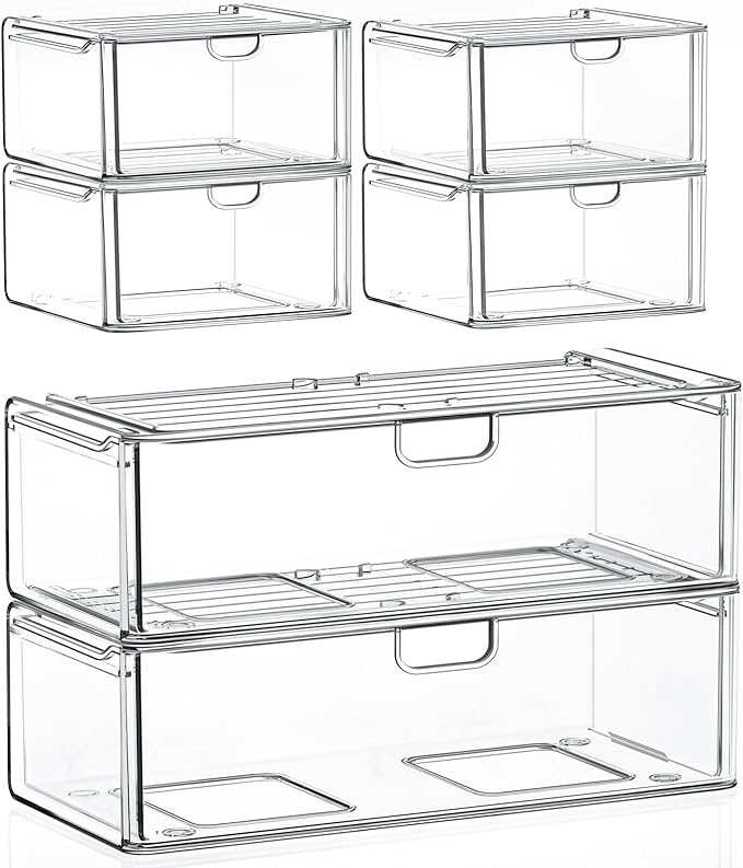 caktraie Acrylic Stackable Storage Drawers Set of 6, Clear Plastic Storage Boxes for Art Tool & Sketch, Storage Organizer, Makeup Organizer,Ideal for Vanity, Bathroom,Cabinet,Pantry Organization