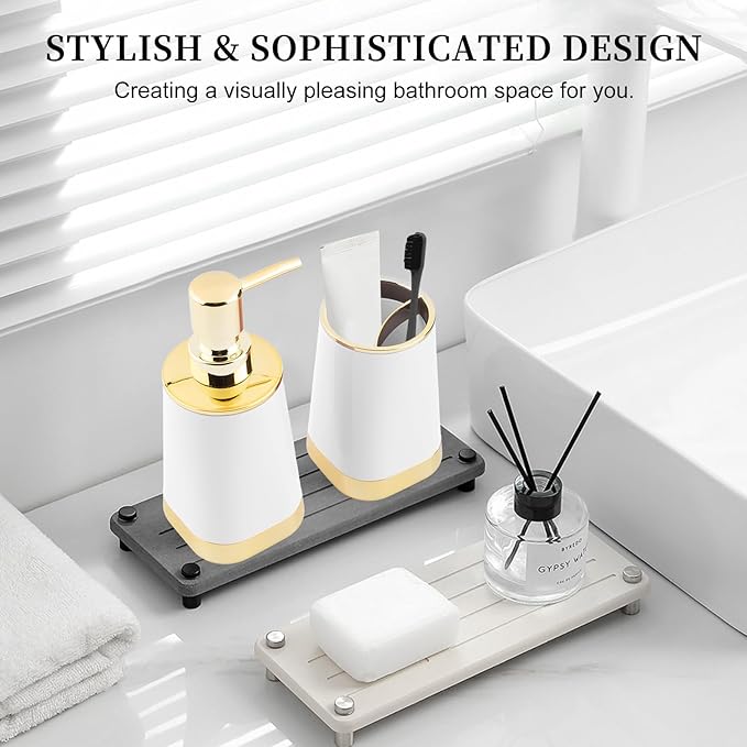 Bathroom Accessories Set, 2Piece White and Gold Bathroom Accessories Include Soap Dispenser and Toothbrush Holder for Modern Bathroom Decor
