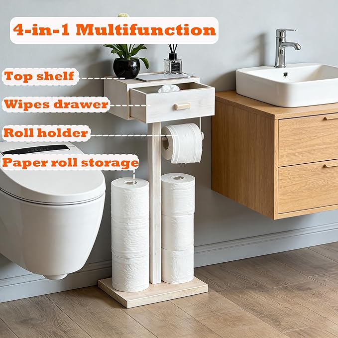 Freestanding Bathroom Toilet Paper Holder Stand with Shelf, Bamboo Toilet Paper Roll Holder with Wet Wipes Storage Drawer(Vintage White)