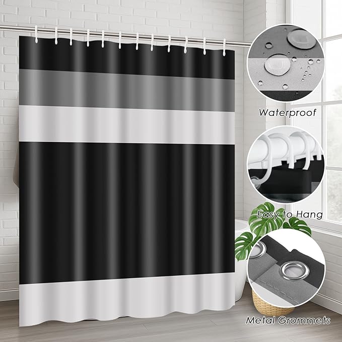 Striped Black Shower Curtain Set with Toilet Lid Cover and Non-Slip Rugs for Bathroom, Minimalist Grey Geometric 4 Pcs Shower Curtain, Modern Bathroom Set with 12 Hooks