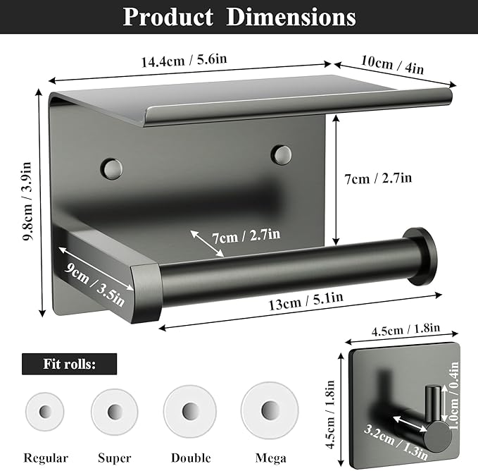 Tindbea Toilet Paper Holder with Phone Shelf + Towel Robe Hooks, Adhesive or Screw Wall Mounted Toilet Paper Roll Storage, Stainless Steel Bathroom Tissue Roll Holder (Polished Grey)