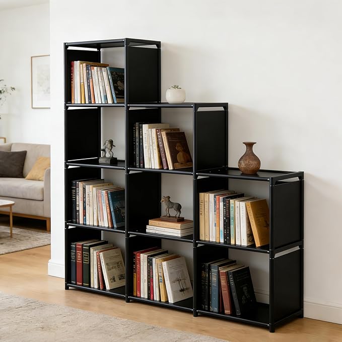 9-Cube Storage Organizer Shelf – Tool-Free Assembly Cube Bookcase for Bedroom, Closet & Small Spaces, Bookshelf Organizer for Kids’ Clothes & Nursery, Black