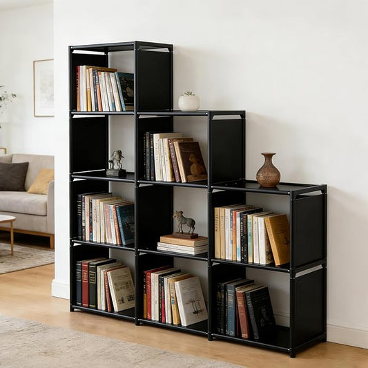 9-Cube Storage Organizer Shelf – Tool-Free Assembly Cube Bookcase for Bedroom, Closet & Small Spaces, Bookshelf Organizer for Kids’ Clothes & Nursery, Black
