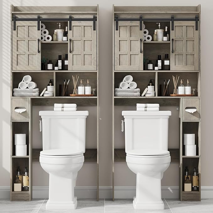 Halitaa Over The Toilet Storage Cabinet, Farmhouse Storage Cabinet Over Toilet with Sliding Doors，Home Space-Saving Toilet Rack, for Bathroom, Restroom, Laundry.Wash Grey