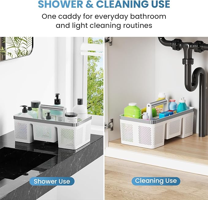 BYUNER Plastic Shower Caddy Dorm: Portable Shower Basket Tote with Handle, 4 Compartments, All-Side Drainage, Hard Bathroom & Cleaning Caddy Organizer for college Dorm Room Essentials, White/Silver