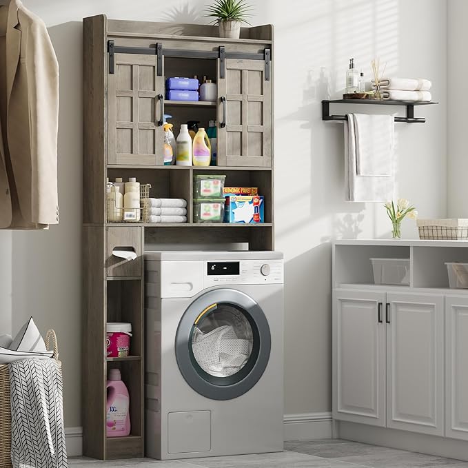 Halitaa Over The Toilet Storage Cabinet, Farmhouse Storage Cabinet Over Toilet with Sliding Doors，Home Space-Saving Toilet Rack, for Bathroom, Restroom, Laundry.Wash Grey