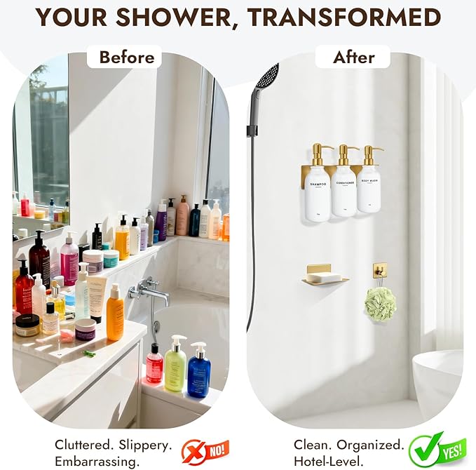 KOUCHU Shampoo and Conditioner Dispenser Set - Wall Mounted Shower Soap Dispenser - 17oz No-Drill Refillable Plastic Pump Bottles for Bathroom Kitchen - Includes Soap Dish and Hook (Gold)
