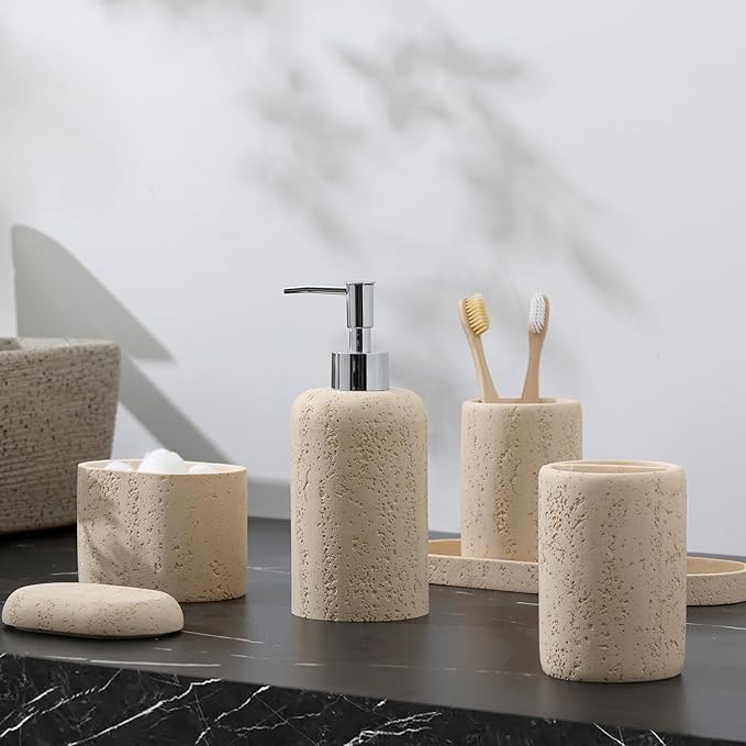 Bathroom Accessories Set, 5PCS Modern Bathroom Accessory Set with Soap Dispenser, Mouthwash Cup & Toothbrush Holder, Qtip Holder, Tray