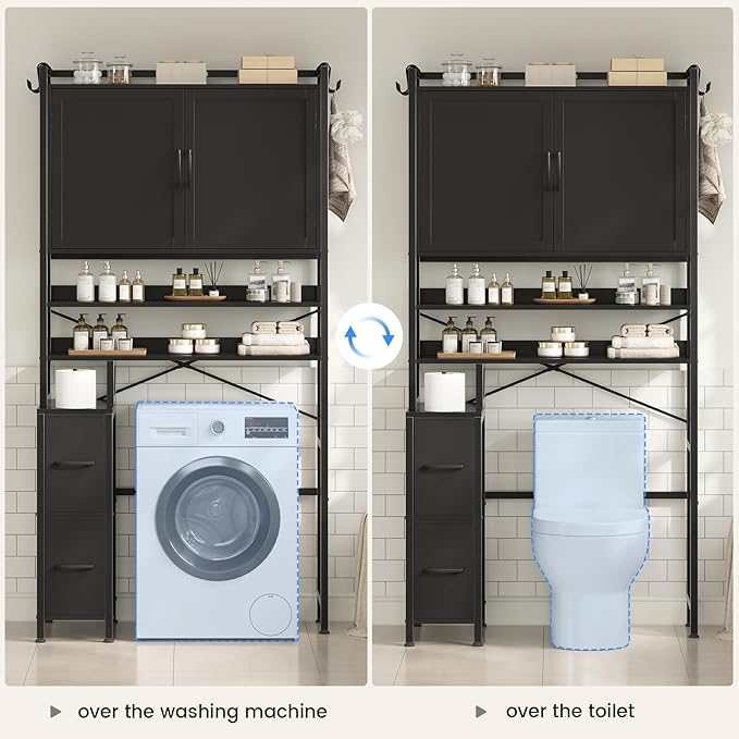Over the Toilet Storage Cabinet with Doors, 2 Large Drawers & 6 Hooks, Over the Toilet Organizer with Toilet Paper Holder, Over the Toilet Storage for Bathroom, Laundry Room, Black