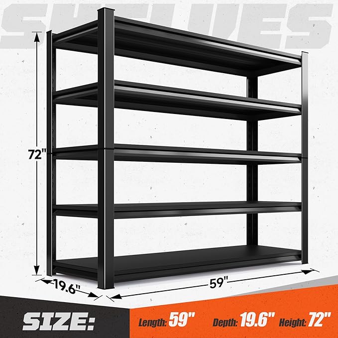 Garage Shelving, 5-Tier Garage Storage Shelves, 2000LBS Heavy Duty Shelves, 72" H x 59" W x 19.6" D Metal Shelving Unit, Utility Adjustable Storage Shelf for Warehouse, Basement, Closet