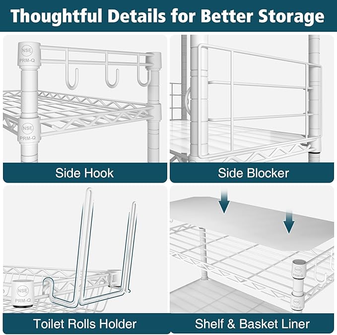 PrimeZone Over The Toilet Storage Rack - 4 Tier Adjustable Bathroom Shelf Organizer, Metal Space Saver Over Toilet with 2 Hooks, Freestanding Above Toilet Storage Shelves for Bathroom Laundry, White