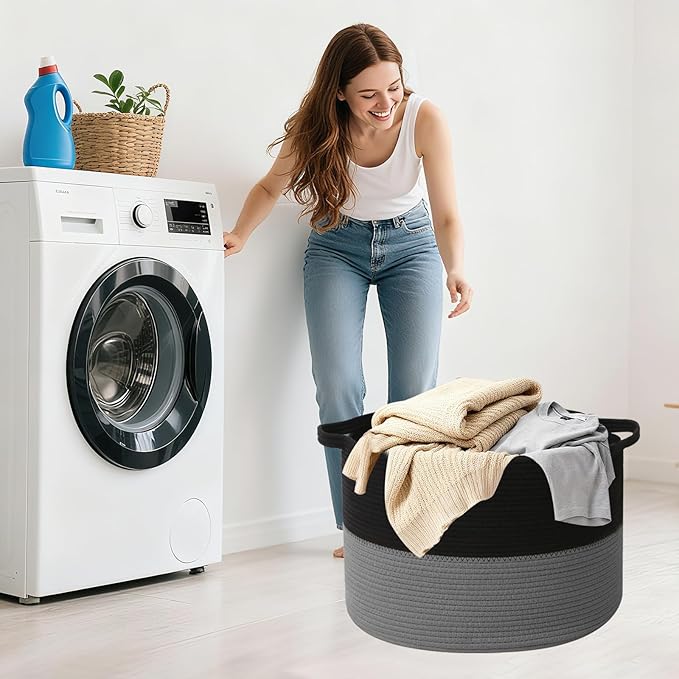 90L Extra Large Blanket Basket,Woven Laundry Basket Hamper with Handles, Decorative Nursery Basket Storage Bin for Toys, Clothes Organizer, Living Room, Bedroom, Bathroom, Black&Dark Grey