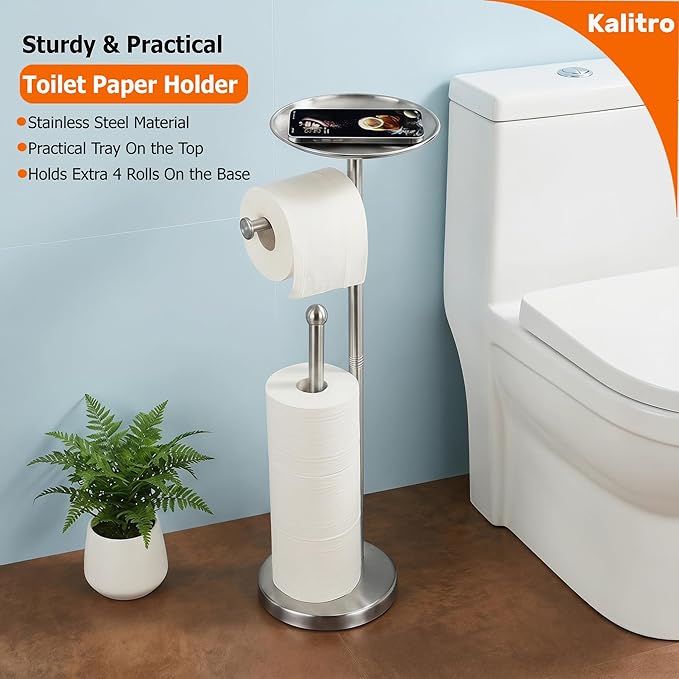 Kalitro Toilet Paper Holder Freestanding with Big Shelf, 4 Rolls Reserve Paper Holder Stand, Modern Paper Roll Holder with Storage Space for Phones (Brushed Nickel)