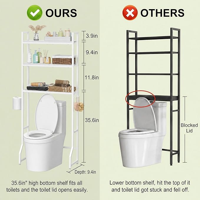 Over the Toilet Organizer White Over the Toilet Shelf with Paper Holder and 3 Hooks 3 Tier Over the Toilet Storage Rack for Restroom, Laundry Bathroom Over the Toilet Cabinet for Small Space