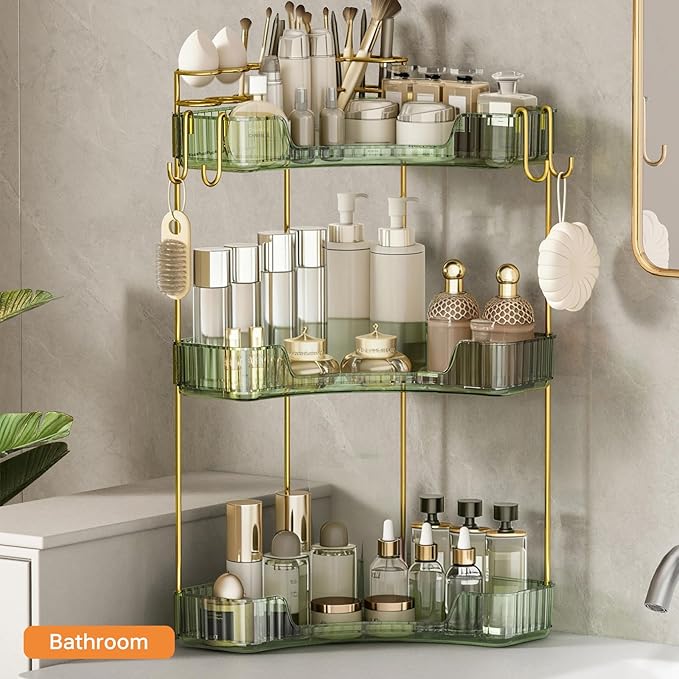 3-Tier Corner Bathroom Counter Organizer，Makeup & Skincare Shelf with Built-in Brush Holder，Space-Saving Bathroom Countertop Organizer for Skincare, Perfume, Cosmetics(Green)