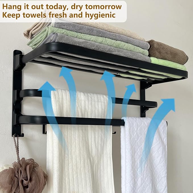 24in Towel Racks Shelf for Bathroom, Foldable Wall Mounted Towel Storage with 2 Towel Bar 9 Hook, Modern Rustproof Towel Holder with Shelves, Towel Hanger for Hotel Dorm Restroom RV Gym, Black