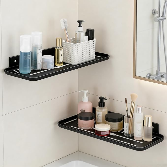 ACEXINYAN Wall Mounted Floating Shelf, Self Adhesive Shelf, No Drill Adhesive Wall Shelf, Floating Shelves Damage-Free Expand Walls Space for Living Room Kitchen Bathroom (2, Black)