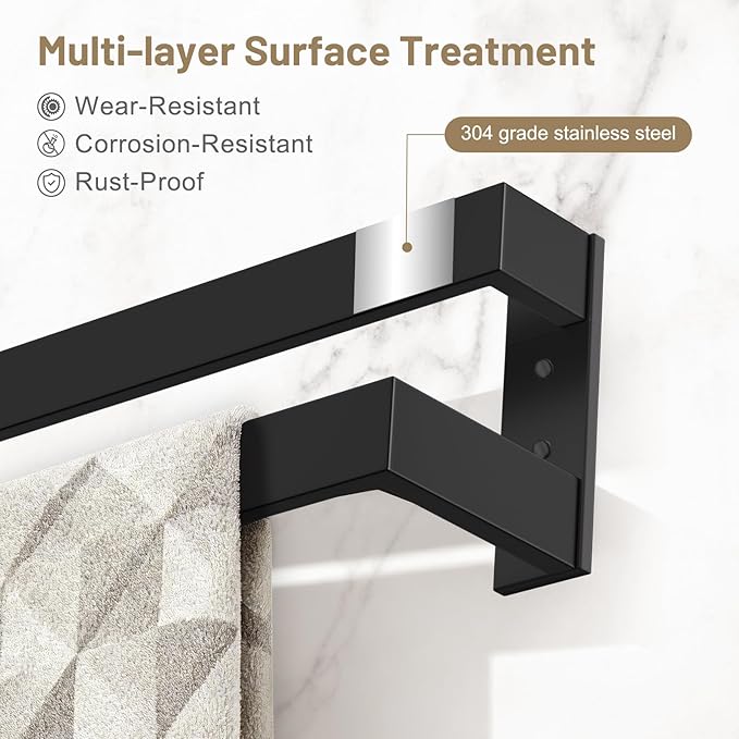 Double Towel Bar,Towel Holder for Bathroom Stainless Steel Towel Rack Wall-Mounted Bathroom Towel Bar 24-Inch Bathroom Hardware Accessories,Matte Black
