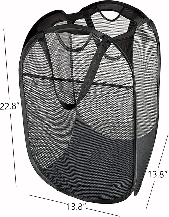 2 Pcs Strong Mesh Pop-up Laundry Hamper, Quality Pop Up Hampers for Laundry with Durable Handles Solid Bottom High Carbon Steel Frame, Easy to Open and Fold Flat for Storage(Black)